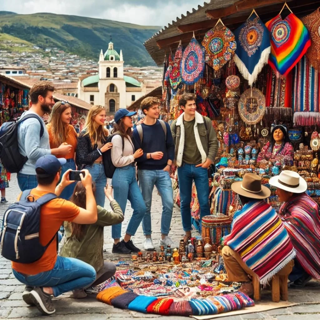Colorful Otavalo Market in Ecuador with Indigenous Artisans Selling Handcrafted Textiles and Souvenirs